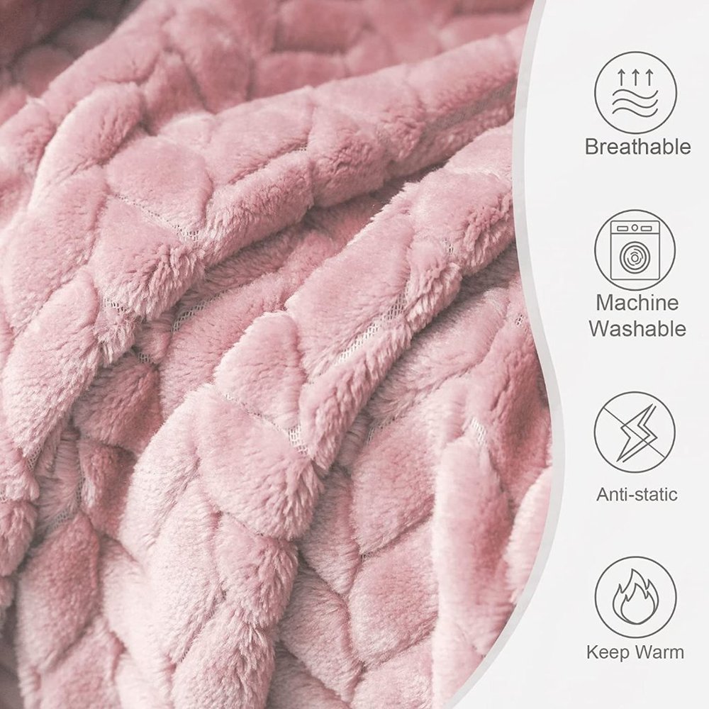 Dusty Pink Knit Jacquard Weave Pattern Decorative Warm Flannel Bed/Sofa Blanket - Picture 5 of 16